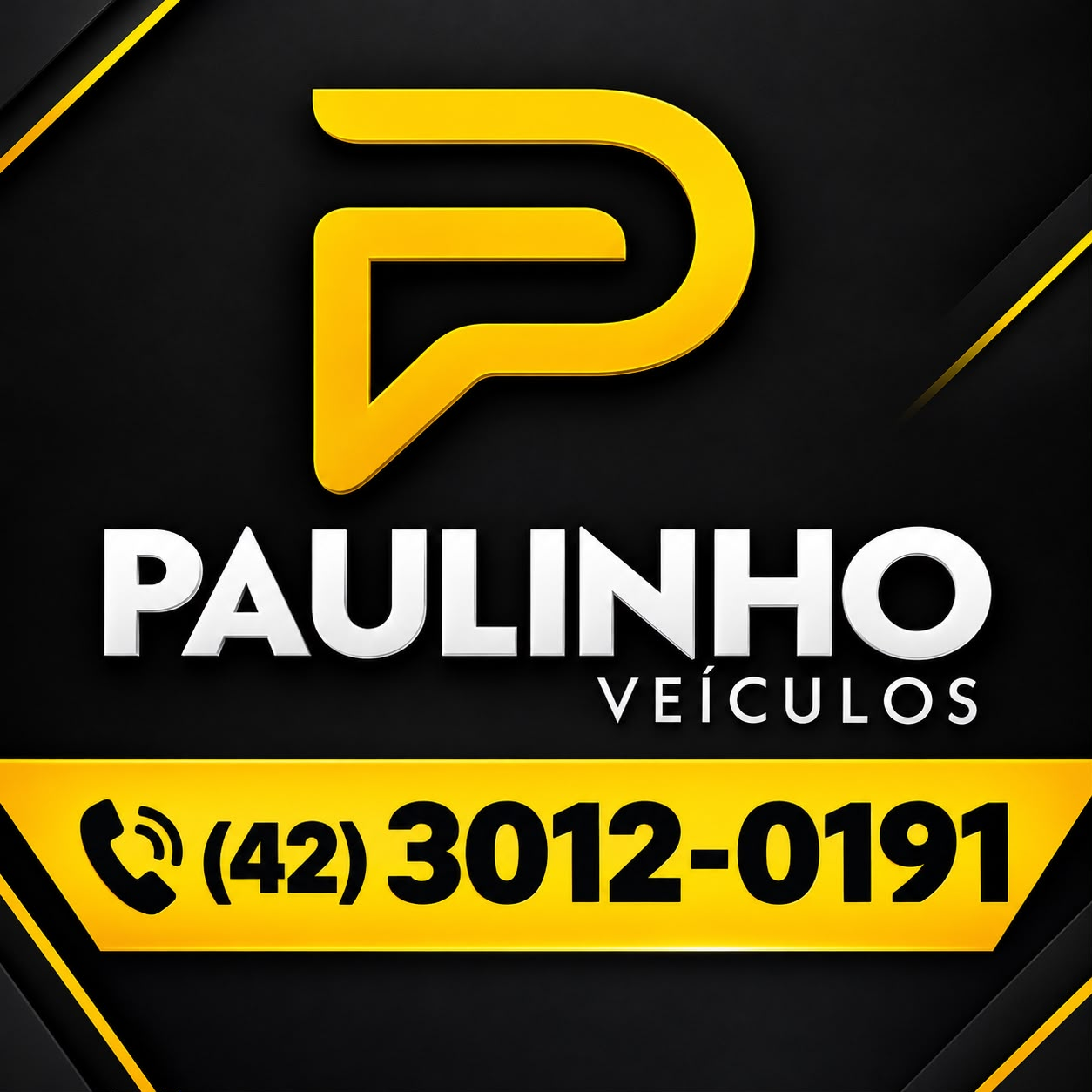 Logo da Paulinho Veículos: monograma P dourado, nome da loja e telefone (42) 3012-0191